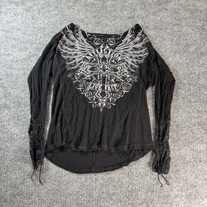 Affliction Tunic Shirt Womens Large Black Live Fast Graphic Lace Sleeve Top